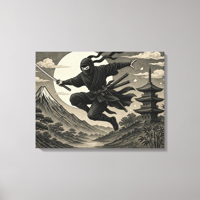 Impressão em Tela Ninja Japonês Lua Cheia Fuji (Frente)