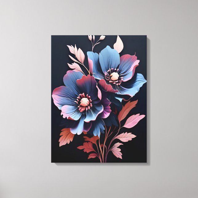 Impressão Em Tela Noite de Blooming: Flores Azuis e Rosa (Frente)