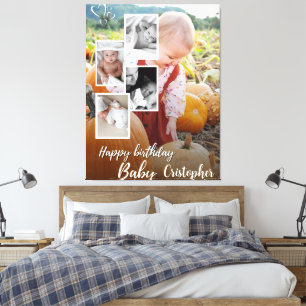Impressão Em Tela Nome de Aniversário do Bebê da Colagem de Fotos Pe