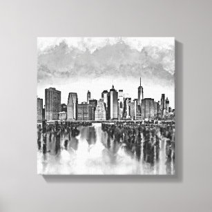 Impressão Em Tela Nova Iorque Manhattan Skyline - preto e branco