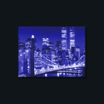 Impressão Em Tela Nova Iorque Pop de Arte Azul Noturno<br><div class="desc">Ponte Brooklyn,  rio e paisagem urbana de Manhattan,  arranha-céus e edifícios</div>