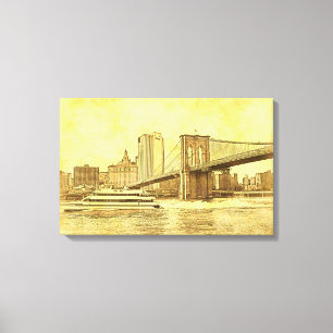 Impressão Em Tela NYC Skyline Brooklyn Bridge Boat Etch Look #1BR