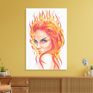 Impressão Em Tela O fogo arde a arte surreal do retrato da mulher