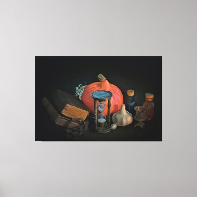 Impressão Em Tela Objetos de bruxaria numa mesa num quarto escuro (Frente)