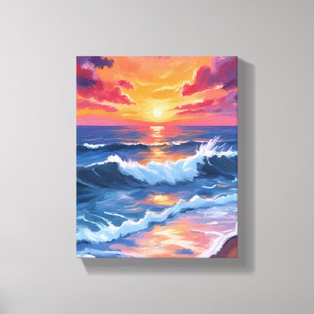 Impressão Em Tela Ocean Sunset Beach Waves Watercolor (Frente)