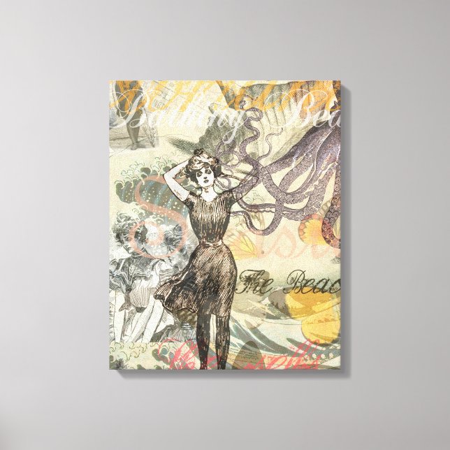 Impressão Em Tela Octopus Beach Antique Coastal Steampunk (Frente)