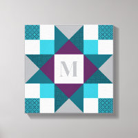 Ohio Star Quilt Block em Teal, Cinza, Roxo, Branco