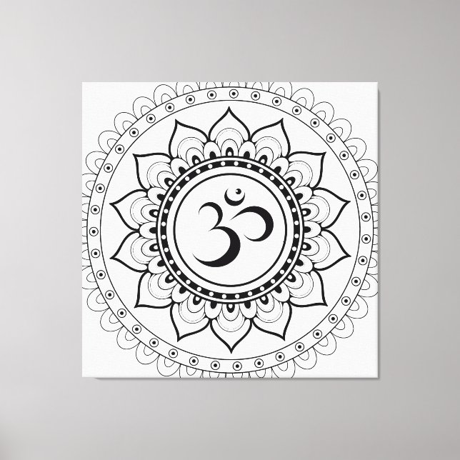 Impressão Em Tela Ohm Mandala Om Mandala Branco e Preto (Frente)