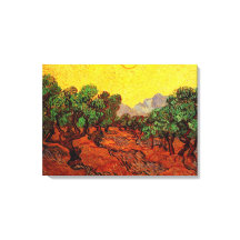 Oliveiras com céu amarelo e sol, van Gogh
