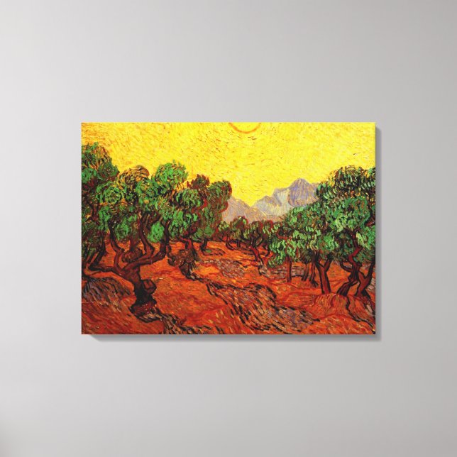 Impressão Em Tela Oliveiras com céu amarelo e sol, van Gogh (Frente)