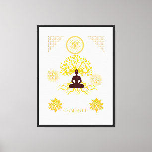 Impressão Em Tela Om Shanti Buda Árvore da Vida Dourado Espiritual M