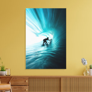 Impressão Em Tela Onda de Barril Turquesa   Surf Minimalista