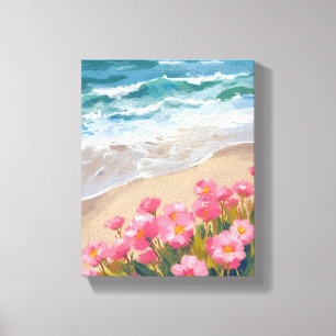 Impressão Em Tela Ondas da Praia Pintura Floral Rosa Aquarela