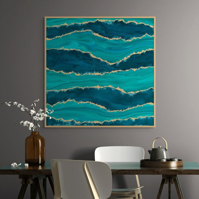 Impressão Em Tela Ondas de Ágata Azul-esverdeada – Mármore Abstrato  (Teal Agate Waves – Abstract Marble with Gold)