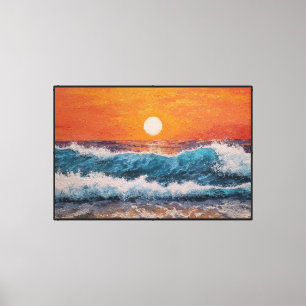 Impressão Em Tela Ondas do Oceano ao Pôr do Sol com Céu Ardente Arte