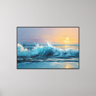 Impressão Em Tela Ondas do Oceano ao Pôr do Sol com Céu Dourado Pare