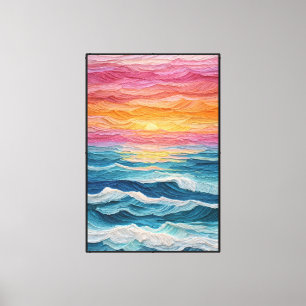 Impressão Em Tela Ondas do Oceano ao Pôr do Sol com Céu Vibrante – A