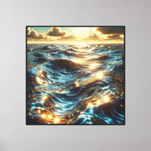 Impressão Em Tela Ondas do Pôr-do-Sol no Oceano com Reflexos Dourado