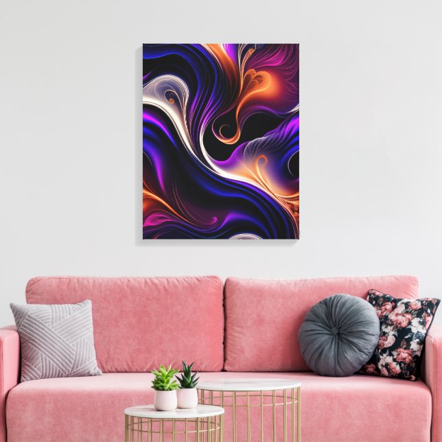 Impressão Em Tela Ondas Fiery - Roxo Negrito, Laranja, Abstrato Dour (Insitu(Sala de estar))