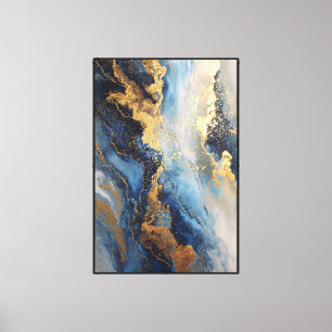 Impressão Em Tela Ondas Oceânicas: Arte abstrata azul e dourada para