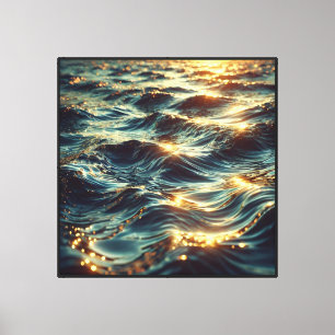Impressão Em Tela Ondas Oceânicas com Reflexo de Luz Solar Dourada