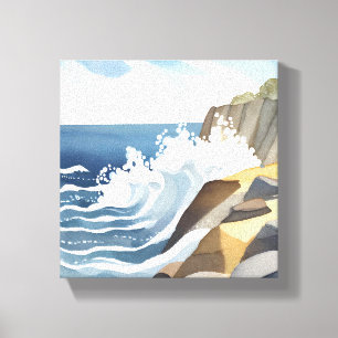 Impressão Em Tela Ondas Quebrando   Aquarela de Costa Rochosa