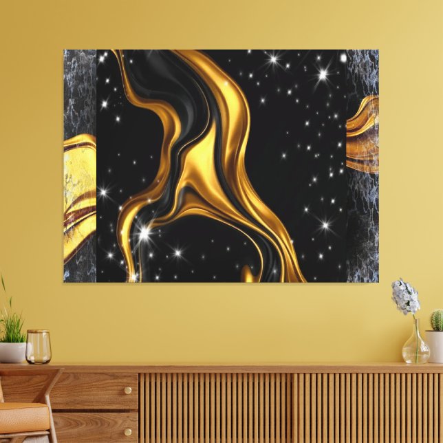 Impressão Em Tela Opulent Swirl Liquid Gold Black Monochrome Designe (Insitu(Sala de estar))