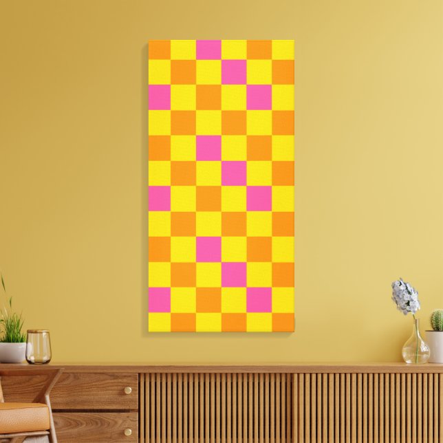 Impressão Em Tela Orange Yellow Pink Checkered Pattern Design  (Insitu(Sala de estar))