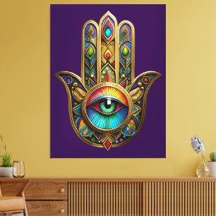 Impressão Em Tela Ornate Dourado Colorido Hamsa Verde no Terceiro Ol