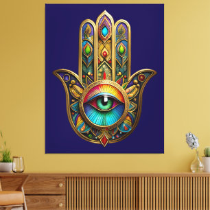 Impressão Em Tela Ornato Hamsa Colorido Dourado Terceiro Olho Verde 