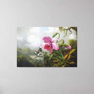 Impressão Em Tela Orquídea HEADE e Beija-flores perto de um Lago de