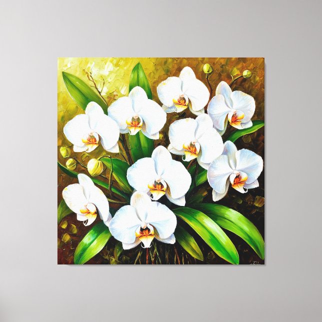 Impressão Em Tela Orquídeas brancas com folhas verdes (Frente)