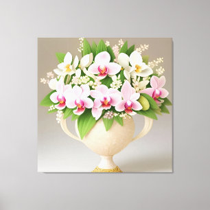Impressão Em Tela Orquídeas Rosa e Branca em um Vaso Ornamentado