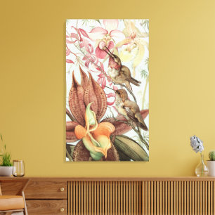 Impressão Em Tela Orquídeas Tropicais Antigas, Flores e Beija-flores
