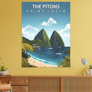 Impressão Em Tela Os Pitons – Cartaz de Viagem Antigo de Santa Lúcia