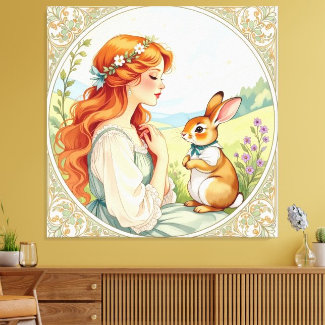 Impressão Em Tela „Osterzauber – Das Mädchen und der Frühlingshase“ (Insitu(Sala de estar))