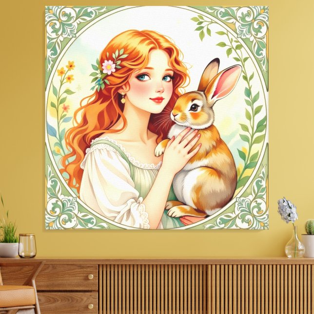 Impressão Em Tela „Osterzauber – Das Mädchen und der Frühlingshase“ (Insitu(Sala de estar))