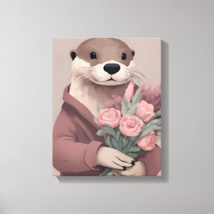 Impressão Em Tela Otter Adorável Com Flores