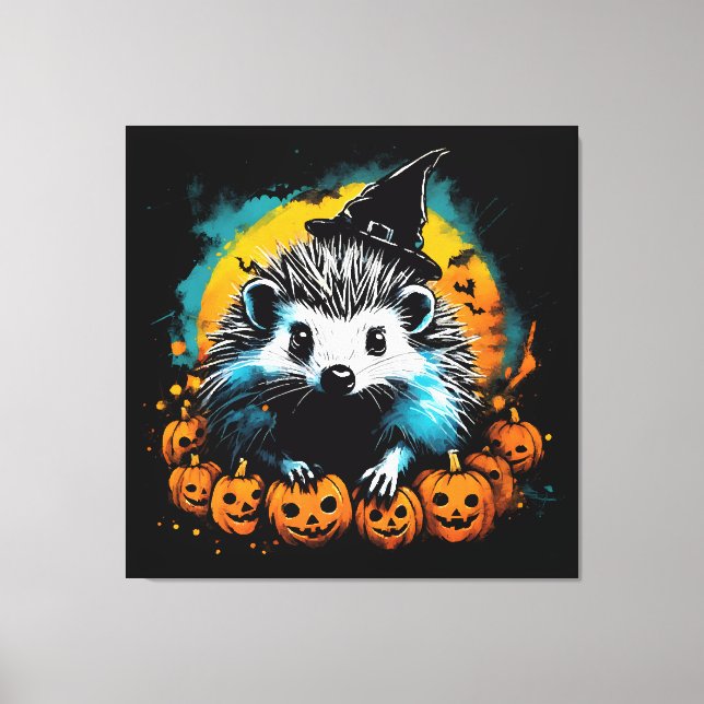 Impressão Em Tela ouriço de Halloween e abóboras fofos (Frente)