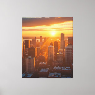 Impressão Em Tela Ouro City Sunset - Arte Silhueta Urbana em Linha d