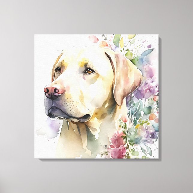 Impressão Em Tela Ouro de aquarela Labrador Retriever e Flores (Frente)