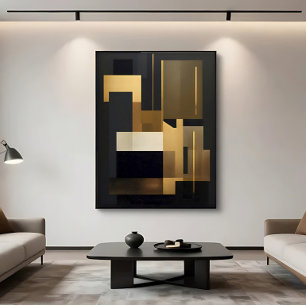 Impressão Em Tela Ouro Preto Moderno Abstrato Geométrico