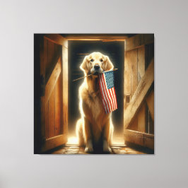 Impressão Em Tela Ouro Retriever Com Bandeira Americana