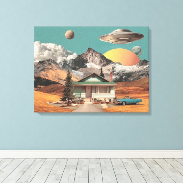 Impressão Em Tela OVNI Surrealista Sobre Casa Rústica (Insitu(piso de madeira))