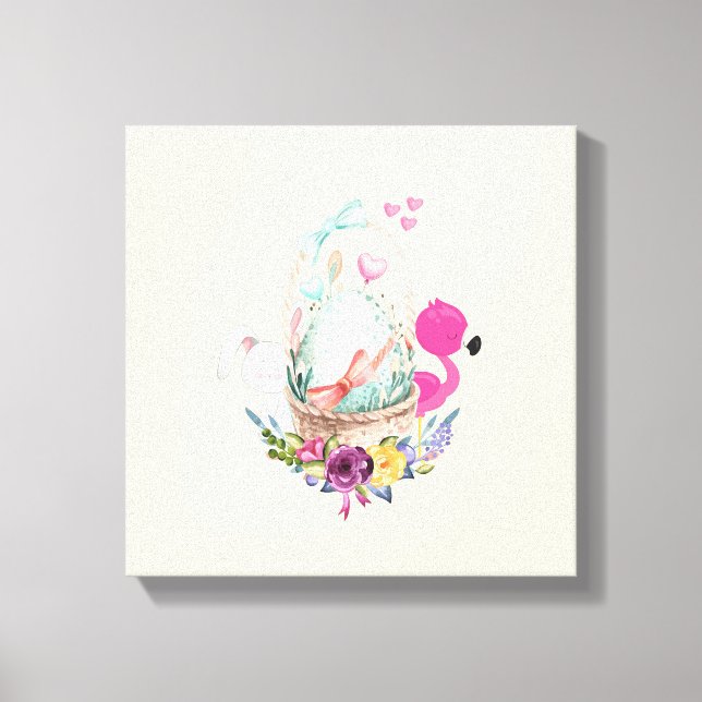 Impressão Em Tela Ovo Bonito, Flamingo Rosa E Coelhinho, Aquarela (Frente)