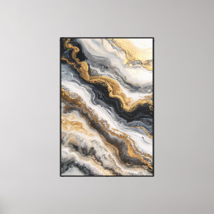 Impressão Em Tela Padrão Abstrato de Mármore Preto, Branco e Dourado