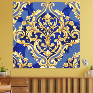 Impressão Em Tela Padrão Damasco Barroco Azul Real e Dourado 