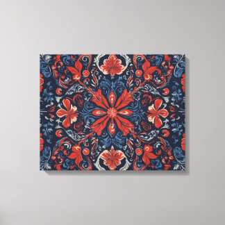 Impressão Em Tela padrão de flores e folhas vermelho-azul