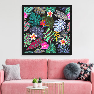Impressão Em Tela Padrão de Folhas e Flores Tropicais Vibrantes