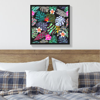 Impressão Em Tela Padrão de Folhas e Flores Tropicais Vibrantes